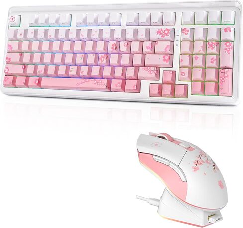 DAREU EK98pro Sakura Pink لوحة مفاتيح ميكانيكية لاسلكية وماوس ألعاب لاسلكي مع قاعدة شحن كومبو (مفتاح سحابي) in Kuwait