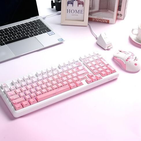 DAREU EK98pro Sakura Pink لوحة مفاتيح ميكانيكية لاسلكية وماوس ألعاب لاسلكي مع قاعدة شحن كومبو (مفتاح سحابي) in Kuwait
