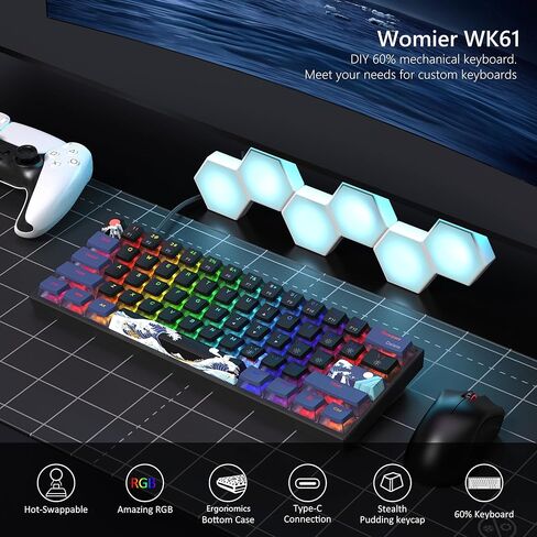 Womier 60% بالمائة لوحة مفاتيح الألعاب، WK61 لوحة مفاتيح سلكية ميكانيكية كريمية أنيمي، ماوس ألعاب سلكي، ماوس أنيمي RGB أسود مع مريح in Kuwait