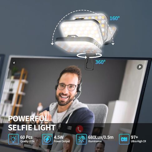EMART 60 LED Selfie Light for iPhone, Protable Clip Light for Phone Camera with 360° & 160° Rotatable Adapter Attachment, CRI 97+ 2200mAh Rechargeable for Influencer Video Recording Makeup in Kuwait