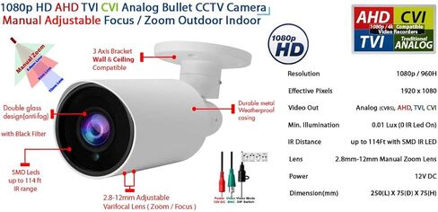 Evertech 1080p Outdoor Night Vision CCTV Security Camera HD TVI CVI AHD Indoor Weatherproof 2.8-12mm Manual Zoom Bullet White for CCTV Security Surveillance Systems in Kuwait