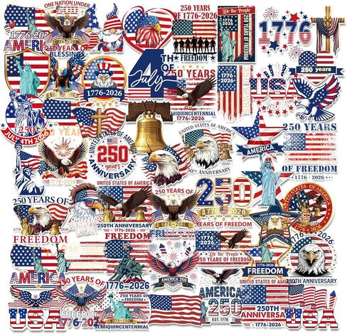 250 Anniversary USA Stickers - 100 Pcs 250th Year Patriotic America Merchandise Decals Bulk for Water Bottle Car Laptop Keyboard Phone American Gifts Favors for 4th of July Independence Day in Saudi Arabia