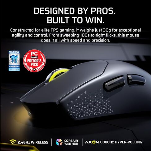 ماوس الألعاب اللاسلكي Corsair Sabre v2 PRO Ultralight FPS - 33000 نقطة في البوصة، وزن 36 جرام، فرط الاقتراع 8000 هرتز، مفاتيح ميكانيكية، عمر بطارية لاسلكي يصل إلى 70 ساعة، محور ويب - أسود (متجدد) in Kuwait