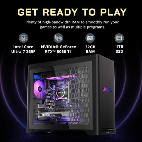 Lenovo Legion T5 Gaming Desktop, Intel Core Ultra 7 265F, NVIDIA GeForce RTX 5060 Ti 8GB GDDR7, 32GB DDR5, 1TB SSD, RGB Cooling, Wi-Fi 6E, Win 11, Black (Renewed) in Kuwait