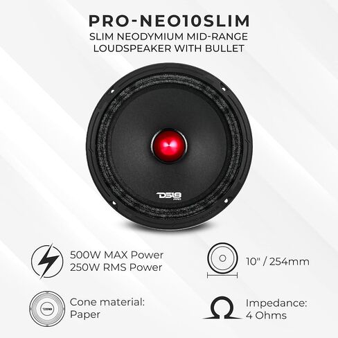 DS18 PRO-NEO10SLIM مكبر صوت نحيف متوسط ​​المدى مقاس 10 بوصات مزود برصاصة من الألومنيوم - 250 وات RMS، 500 وات بحد أقصى، 4 أوم - مكبر صوت Pro Shallow-Mount in Kuwait