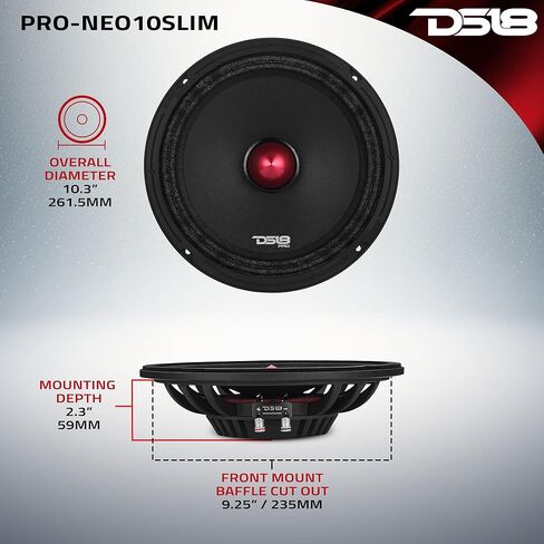 DS18 PRO-NEO10SLIM مكبر صوت نحيف متوسط ​​المدى مقاس 10 بوصات مزود برصاصة من الألومنيوم - 250 وات RMS، 500 وات بحد أقصى، 4 أوم - مكبر صوت Pro Shallow-Mount in Kuwait
