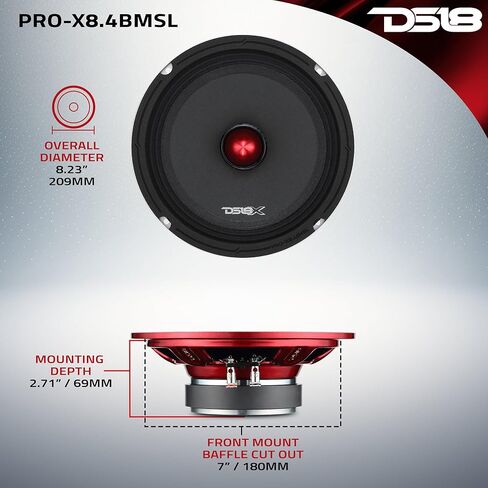 DS18 PRO-X8.4BMSL مكبر صوت ضحل متوسط ​​المدى مقاس 8 بوصات مع مكبر صوت رصاصي - مكبر صوت نحيف للسيارة بقوة 250 وات RMS 4 أوم، وعمق تركيب 2.71 بوصة، وحساسية عالية 95 ديسيبل، وصوت احترافي in Kuwait