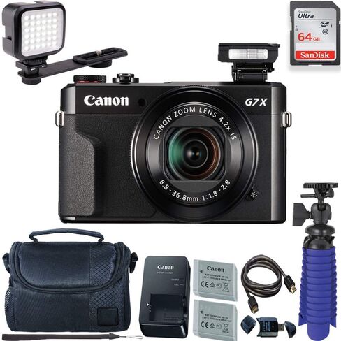 Canon PowerShot G7 X Mark II Digital Camera with 64 GB Card + LED Compact On-Camera Light + Premium Camera Case + 2 Batteries + Tripod (Renewed) in Kuwait