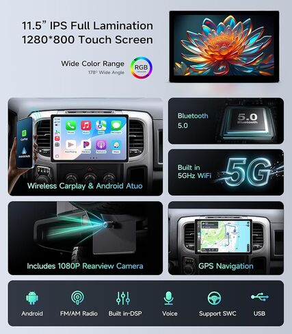 11.5 inch Car Stereo Radio for Dodge Ram Pickup 1500 2500 3500 2013 2014 2015 2016 2017 2018 with Wireless carplay/Android auto/Touchscreen/GPS Navigation/HD Backup Camera in Kuwait