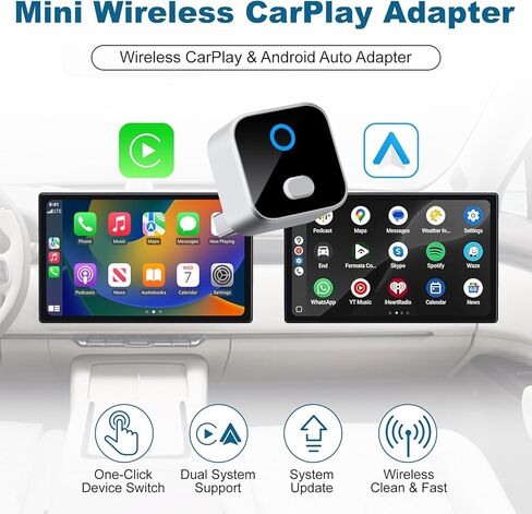 محول CarPlay & Android التلقائي اللاسلكي، مفتاح بنقرة واحدة صغير الحجم WiFi 6 ومحول Bluetooth 5.4، إعادة توصيل تلقائي سريع، متوافق مع iOS 10+/Android 11+، لسيارات CarPlay السلكية في المصنع in Kuwait