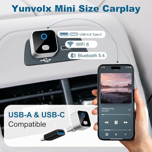 محول CarPlay & Android التلقائي اللاسلكي، مفتاح بنقرة واحدة صغير الحجم WiFi 6 ومحول Bluetooth 5.4، إعادة توصيل تلقائي سريع، متوافق مع iOS 10+/Android 11+، لسيارات CarPlay السلكية في المصنع in Kuwait