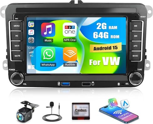 2G+64G Android Car Radio for VW Passat Golf Jetta Golf Tiguan Wireless Apple CarPlay Android Auto Double Din 7 Inch Touch Screen Bluetooth GPS Navigation WiFi FM/RDS USB/Type-C + Backup Camera Mic in Kuwait