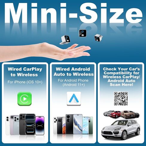 محول CarPlay & Android التلقائي اللاسلكي، مفتاح بنقرة واحدة صغير الحجم WiFi 6 ومحول Bluetooth 5.4، إعادة توصيل تلقائي سريع، متوافق مع iOS 10+/Android 11+، لسيارات CarPlay السلكية في المصنع in Kuwait
