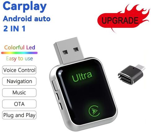Wireless CarPlay Adapter for Apple & Android, 2-in-1 Adapter Convert with Function Buttons, Stable Connection & No Latency No Latency, Plug and Play, Compatible USB A/C (Silver) in Kuwait