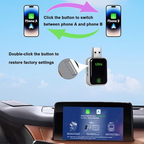 Wireless CarPlay Adapter for Apple & Android, 2-in-1 Adapter Convert with Function Buttons, Stable Connection & No Latency No Latency, Plug and Play, Compatible USB A/C (Silver) in Kuwait