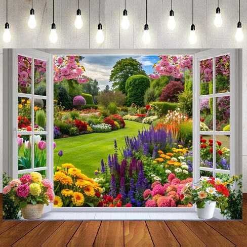 7x5ft Spring Summer Garden Window Backdrop Floral Nature Landscape Photo Background with Blooming Flowers for Portrait Photoshoot, Wedding, Baby Shower, Birthday, Studio Decor 359 in Kuwait