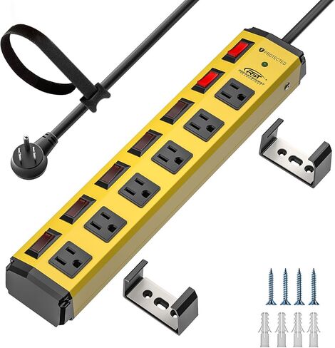 CRST Heavy Duty Power Strip with Individual Switches–6 Outlet 2 USB Ports, 15A/1875W Metal Power Strip Surge Protector Circuit Breaker 1200 Joules, 6FT Mountable Power Strip for Garage, Workshop, Home in Saudi Arabia