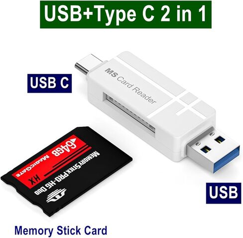 MS Card Reader, 2-in-1 USB-C and USB-A Memory Stick Card Adapter, Plug-and-Play for Cameras, Smartphones, Laptops and Tablets, White in Kuwait