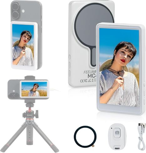 FEELWORLD MC4 Selfie Monitor Screen for iPhone & Android, 4K 30fps Magnetic Back Camera Vlog Monitor with 3h 1500mAH Battery, Wireless 99FT HD Display for TikTok, YouTube, Live Stream, Vlogging in Kuwait