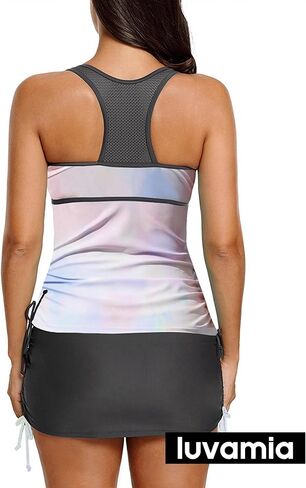 luvamia Women's 2 Pieces Print Zip Front Racerback Tankini Set Swimsuits with Skirt in Saudi Arabia