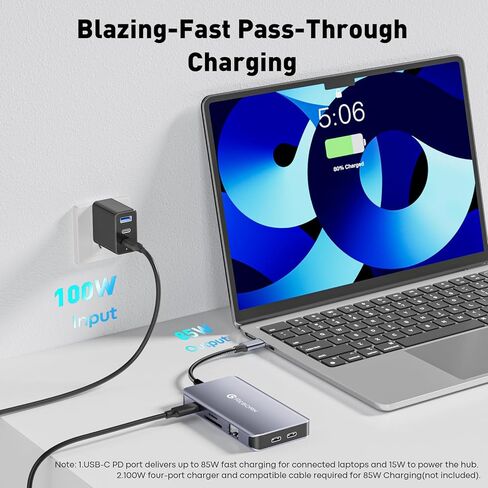 محطة إرساء ريبورن محول شاشة مزدوجة، محطة إرساء كمبيوتر محمول 3 شاشات عرض ثلاثي USBC Hub Dongle إلى 4K60 هرتز HDMI+DP، إيثرنت 1 جيجابت في الثانية، 100 وات PD، بيانات USB C، قارئ بطاقات، لأجهزة Dell وHP وLenovo والسطح in Kuwait