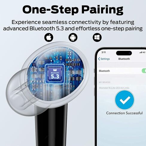 سماعات أذن لاسلكية Monster N-Lite 203 AirLinks، سماعات بلوتوث 5.3 هاي فاي ستيريو، سماعات أذن لاسلكية مع مكالمات واضحة عالية الدقة، تشغيل 30 ساعة، تحكم باللمس، شحن من النوع C، سماعات أذن مقاومة للماء IPX6 in Kuwait