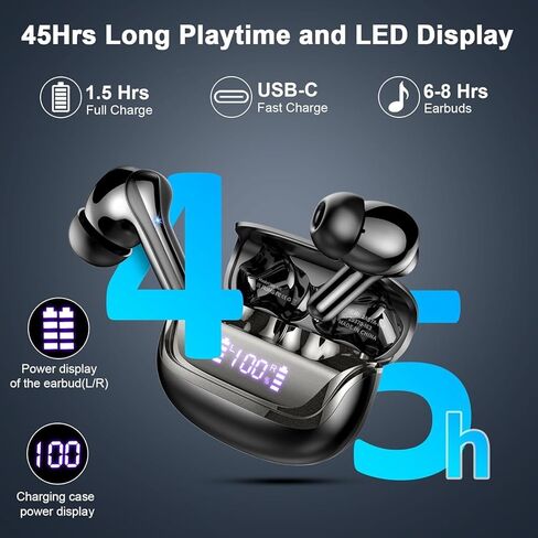 Wireless Earbuds, Bluetooth 5.4 Headphones with ENC Noise Canceling Mics, in-Ear Earphones Deep Bass Stereo, 45H Playtime Ear Buds Dual LED Display, IP7 Waterproof Wireless Headphones for Android iOS in Kuwait