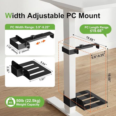 Under Desk PC Mount, No Drilling Clamp-On CPU Holder for Standing Desk, Width Adjustable from 5.7" to 9.8", Holds Up to 50 lbs Heavy Duty Computer Tower Mount, Fits 80mm×50mm Legs in Kuwait