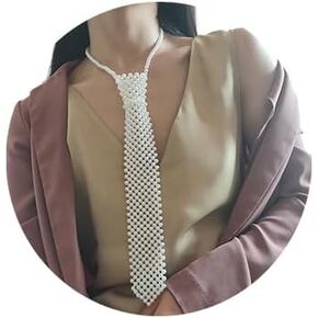 Pearls Necklace White Artificial Neck Tie Handmade Weaving Necktie Ladies Shirt Scarf Hollow Beaded Collar Accessory Trendy Jewelry Gifts for Women Girls