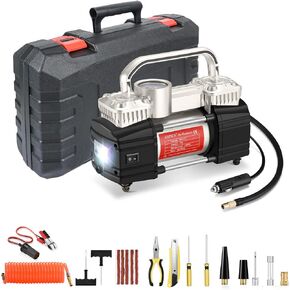 GSPSCN مضخة ضاغط الهواء المحمولة ذات الأسطوانة المزدوجة منفاخ الإطارات عالي التحمل مع ضوء LED، مضخة هواء 150 رطل لكل بوصة مربعة 12 فولت مع طقم إصلاح الإطارات وصندوق الأدوات للسيارات وسيارات الدفع الرباعي وإطارات الشاحنات وما إلى ذلك، فضي in Kuwait