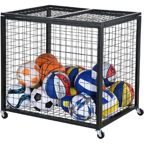 VEVOR Rolling Sports Ball Storage Cart, Lockable Basketball Cage with Double Lids, Sport Equipment Holder Organizer for Indoor Outdoor, Steel Storage Rack for Garages, Playgroup, Gym and Schools
