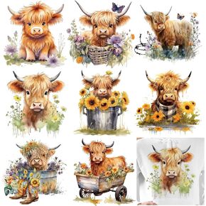 8 Sheets Highland Cow Iron On Transfer Patches Watercolor Heat Transfer Iron Patches Floral Decorative Heat Transfer Stickers for DIY Crafts Clothing Fabric Decor