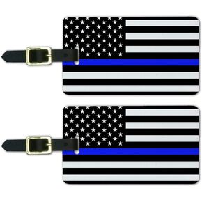 Thin Blue Line American Flag Luggage ID Tags Suitcase Carry-On Cards - Set of 2