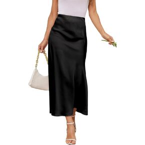 Women's Satin A-Line Midi Skirt High Waisted Flowy Spring Skirts Elegant Cocktail Party Skirts