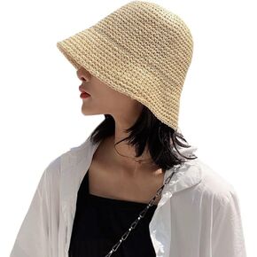 Women's Straw Sun Hat Hand-Woven Packable Beach Bucket Hat Summer Floppy UV Protection Hat