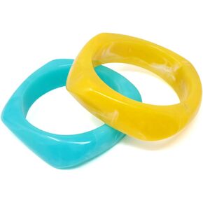 yueton 2PCS Square Resin Bangle Blue and Yellow Bracelets Irregular Geometric Plastic Wristbands for Women Girls