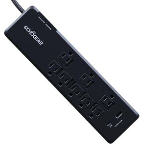 قطاع الطاقة ECHOGEAR PowerBlitz Surge Protector مع منافذ USB-A وUSB-C - تصميم منخفض المستوى مع سلك مضفر بطول 6 بوصات، قابس مسطح و2160 جول من الحماية من زيادة التيار متعدد المنافذ - أسود in Kuwait