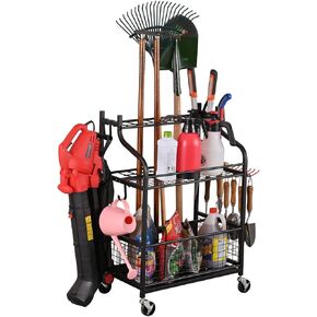 Snail Garden Tool Storage Organizer with Wheels Yard Tool Stand Holder for Garage Lawn and Outdoor, Steel Yard Tool Racks to Store Yard Long Rakes, Brooms, Mops and Buckets, Garden Tool Rolling Cart