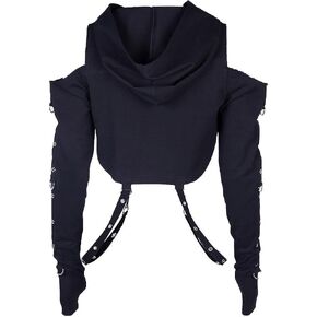 MEOWCOS Women's Gothic Punk Crop Top Long Sleeved Hoodie with Belt Pendant