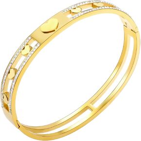 Gold Bangle Bracelets for Women, Hollow out Heart Bangle Bracelets with CZ Simulated Diamond Dainty Small Thin Stacking Bangle for Woman Girls 6.7"