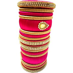 Silk Thread 18 Bangles Set in Pink and Gold Combination - Available in Different Sizes
