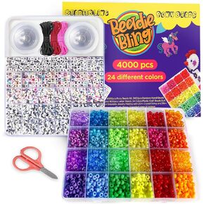 4000+ Pcs Pony Beads Bulk, 6*9mm -Assorted Color Plastic Beads in 2 Storage Boxes with 20m Crystal, 30m Elastic String, 3X Braided Ropes & Scissor – Ideal for Bracelets, Rings & Necklaces