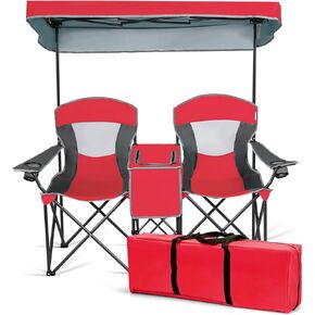 DORTALA Double Camping Chair with Canopy, 2 Person Folding Beach Chair with Canopy Shade, Table Beverage Holder and Storage Bag, Double Rocker Chair Outdoor for Camping, Beach, Picnic, Blue
