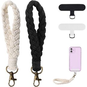 Boho Macrame الهاتف حزام المعصم الحبل الهاتف الخليوي مع حبل سلسلة سحر الهاتف حزام مع حزام عالمي حامل موصل التصحيح (أبيض وأسود) in Kuwait