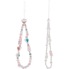 2pcs Beaded Cell Phone Lanyard, Cute Phone Chain Heart-shaped Phone Wrist Strap Love Beaded Phone Charm Strap Heart Phone Keychain for Women Girls, Phone Accessories (White, Pink)