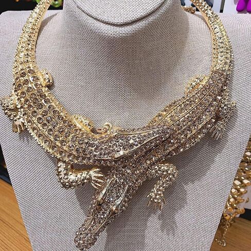 Retro Ethnic Crystal Double Gator Chunky Bib Collar Choker Necklace Gothic Stylish Exaggerated Fashion Animal Statement Necklace Jewelry For Women Girl Gift in Saudi Arabia