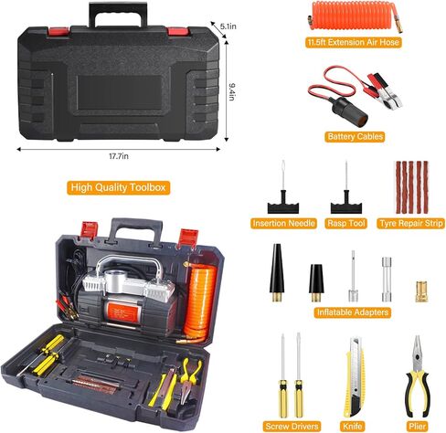 GSPSCN مضخة ضاغط الهواء المحمولة ذات الأسطوانة المزدوجة منفاخ الإطارات عالي التحمل مع ضوء LED، مضخة هواء 150 رطل لكل بوصة مربعة 12 فولت مع طقم إصلاح الإطارات وصندوق الأدوات للسيارات وسيارات الدفع الرباعي وإطارات الشاحنات وما إلى ذلك، فضي in Kuwait