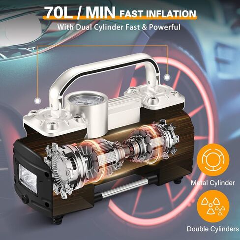 GSPSCN مضخة ضاغط الهواء المحمولة ذات الأسطوانة المزدوجة منفاخ الإطارات عالي التحمل مع ضوء LED، مضخة هواء 150 رطل لكل بوصة مربعة 12 فولت مع طقم إصلاح الإطارات وصندوق الأدوات للسيارات وسيارات الدفع الرباعي وإطارات الشاحنات وما إلى ذلك، فضي in Kuwait