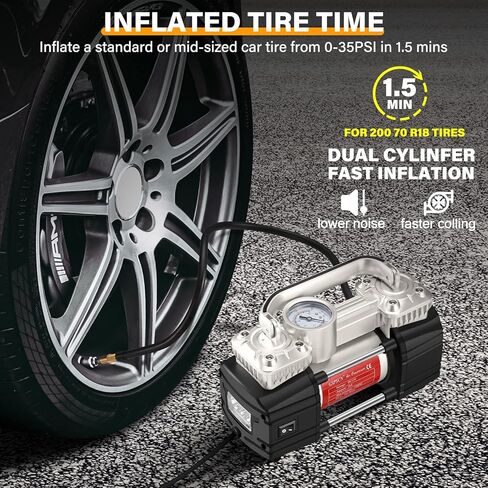 GSPSCN مضخة ضاغط الهواء المحمولة ذات الأسطوانة المزدوجة منفاخ الإطارات عالي التحمل مع ضوء LED، مضخة هواء 150 رطل لكل بوصة مربعة 12 فولت مع طقم إصلاح الإطارات وصندوق الأدوات للسيارات وسيارات الدفع الرباعي وإطارات الشاحنات وما إلى ذلك، فضي in Kuwait