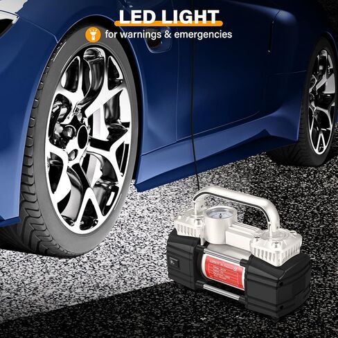 GSPSCN مضخة ضاغط الهواء المحمولة ذات الأسطوانة المزدوجة منفاخ الإطارات عالي التحمل مع ضوء LED، مضخة هواء 150 رطل لكل بوصة مربعة 12 فولت مع طقم إصلاح الإطارات وصندوق الأدوات للسيارات وسيارات الدفع الرباعي وإطارات الشاحنات وما إلى ذلك، فضي in Kuwait